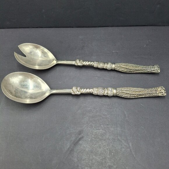 Silea Silver Plate Salad Serving Set Fork & Spoon Textured Rope Handle -Italy - Picture 3 of 14